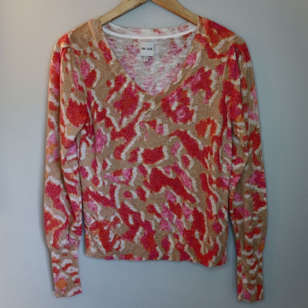 Nic+Zoe Sweater Womens S Pink Abstract V-Neck Knit Pullover Top Long Sleeve